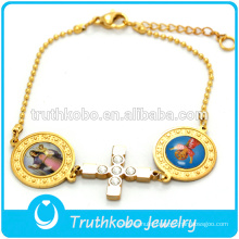 18K Gold Jesus Small Ball Chain Bangle with Saints Wholesale CZ Stone Religious Cross Bracelet